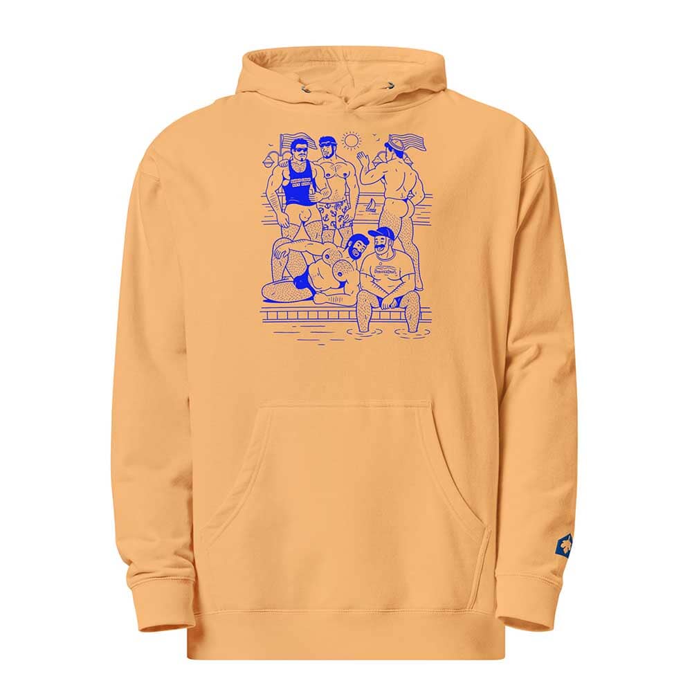 Orange hoodie  with HEY BEEFCAKE blue graphic design on a white background