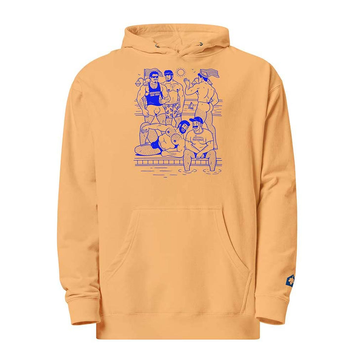 Orange hoodie  with HEY BEEFCAKE blue graphic design on a white background