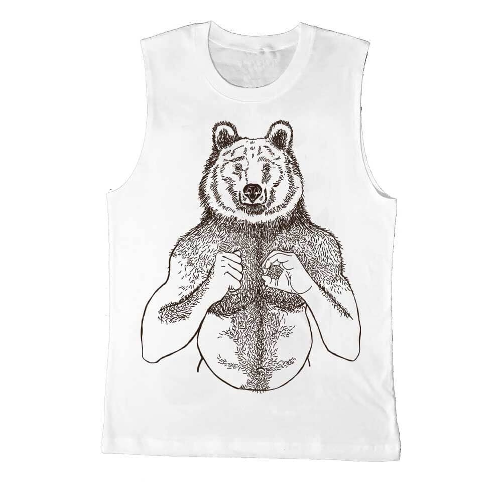 beefy bear brown print on white sleeveless t-shirt