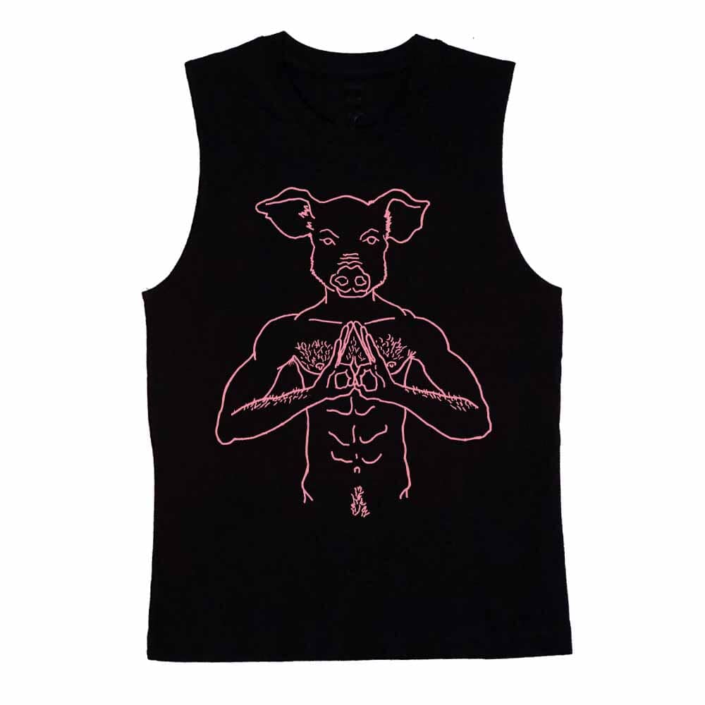 Brian Kenny Pig Head Pink Print Sleeveless T-shirt