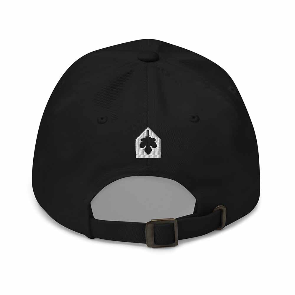 black dad hat back with white icon