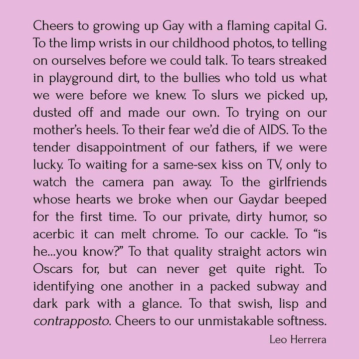 Cheers to Growing Up Gay prose by Leo Herrera in black text