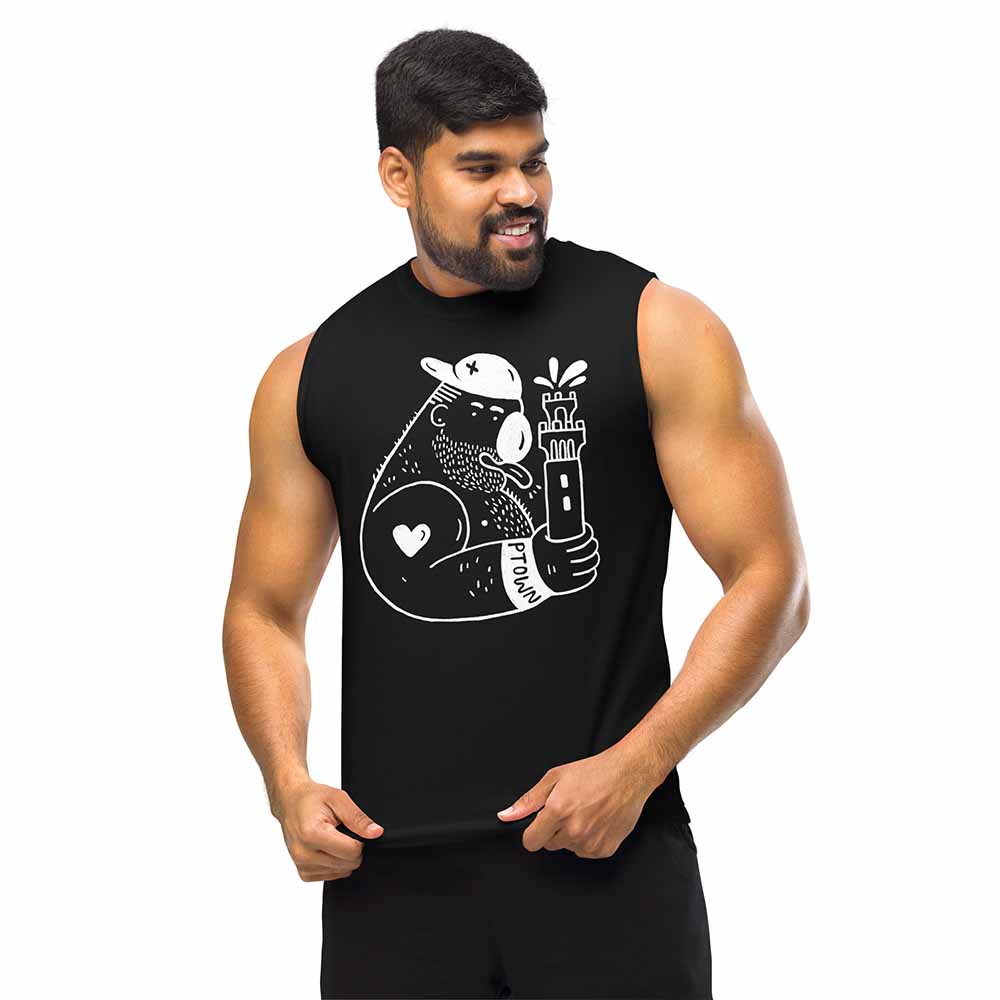 Pilgrim Monument Ptown Bear Sleeveless T-shirt black on man