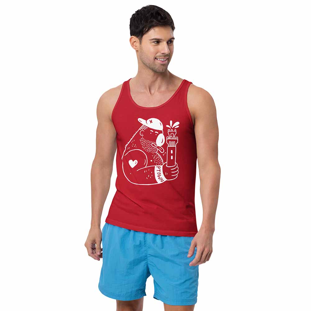 Carlos Rodriguez Pilgrim Monument Ptown Bear tank-red-on-man