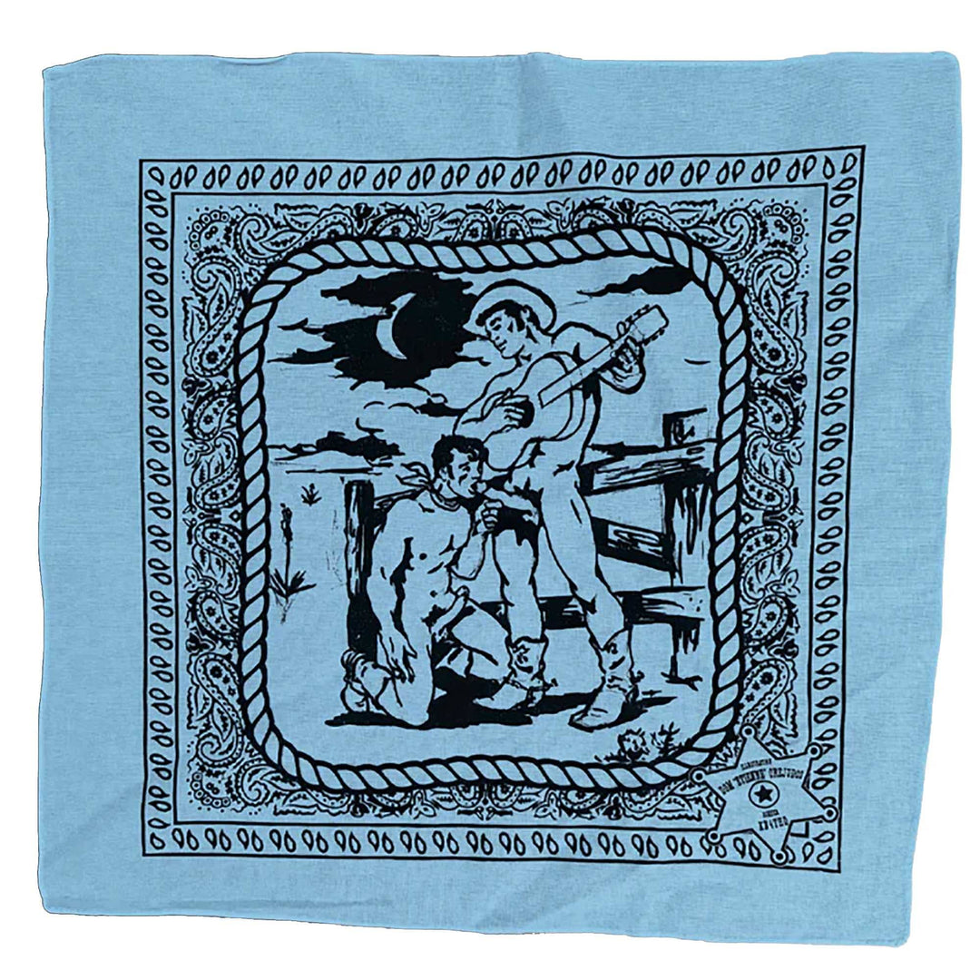 Blue bandana with black graphic design of a man with a gun and another man on a horse.