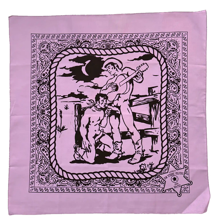 Pink andana with black graphic design of a man with a guitar and another man on his knees