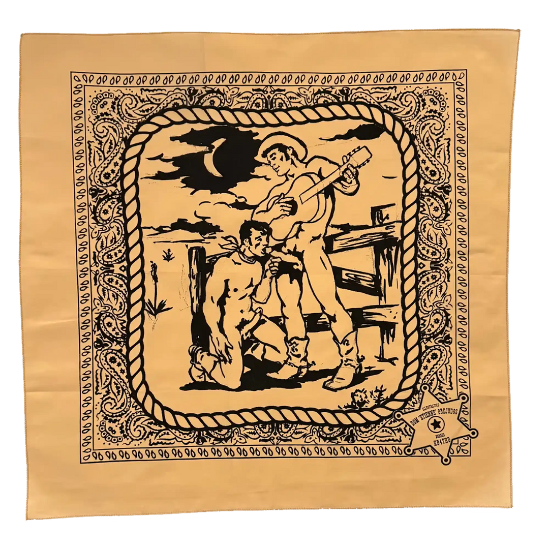 Tan bandana with black graphic design of a man with a guitar and another man on his knees