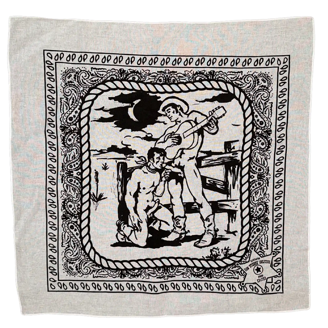 White bandana with black graphic design of a man with a guitar and another man on his knees