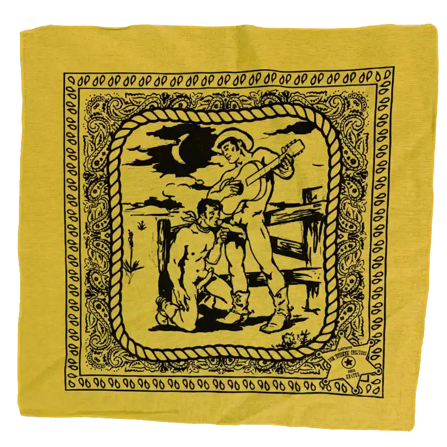 Yellow bandana with black graphic design of a man with a guitar and another man on his knees