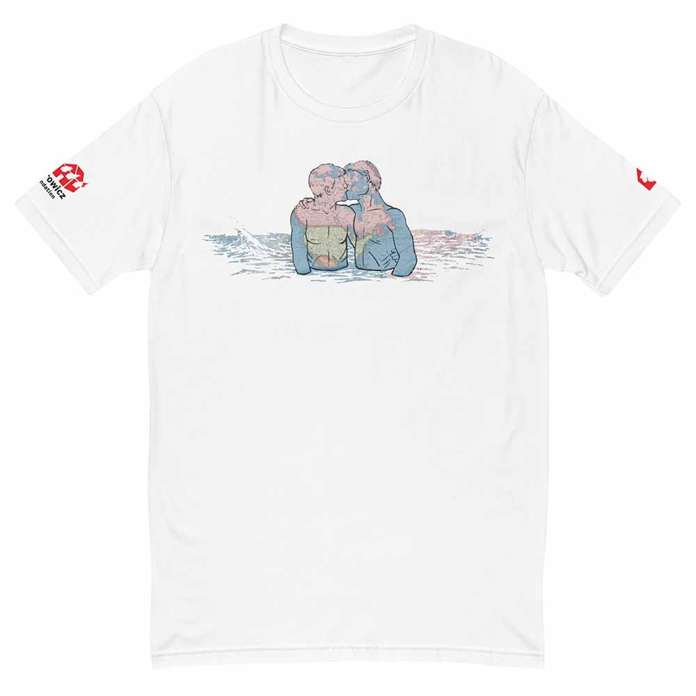 David Wojnarowicz White t-shirt with a graphic of two men embracing on a white background