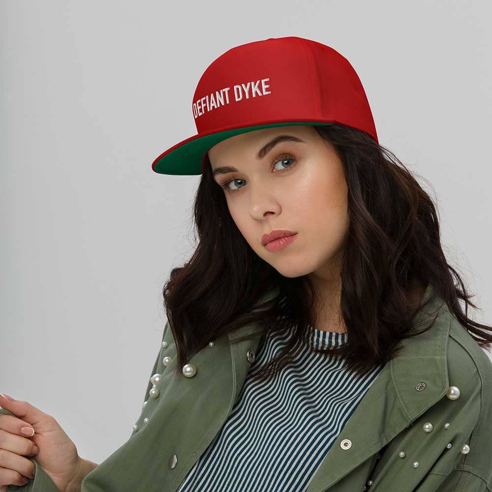 DEFIANT DYKE Flatbill 5-Panel Snapback Hat  red on woman