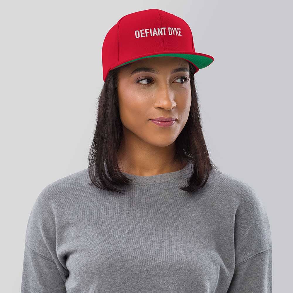 DEFIANT DYKE Flatbill 6-Panel Snapback Hat red on woman