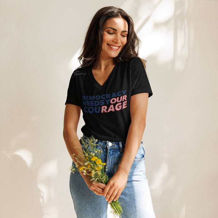 Democracy Needs Your Courage Women's Relaxed V-Neck T-Shirt - Indivisible, second view