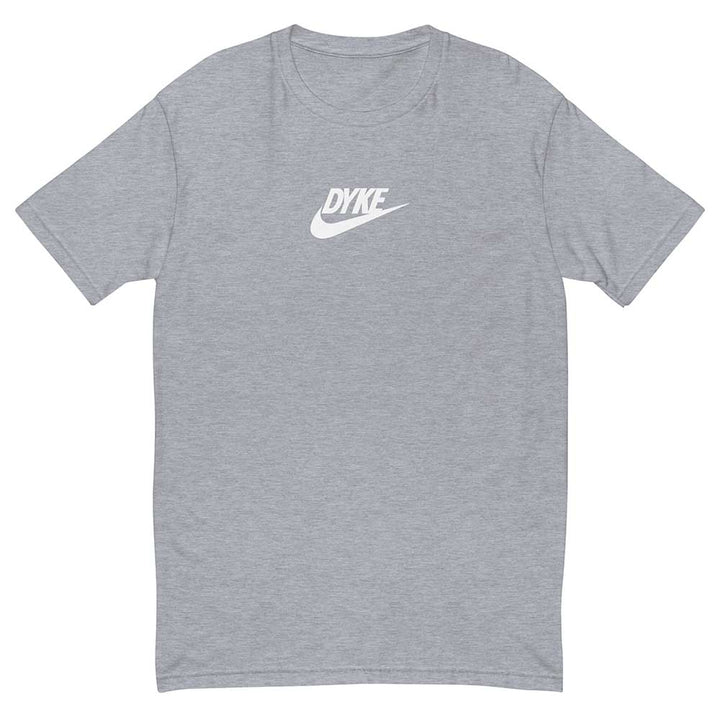 Gray t-shirt with a white logo on a white background