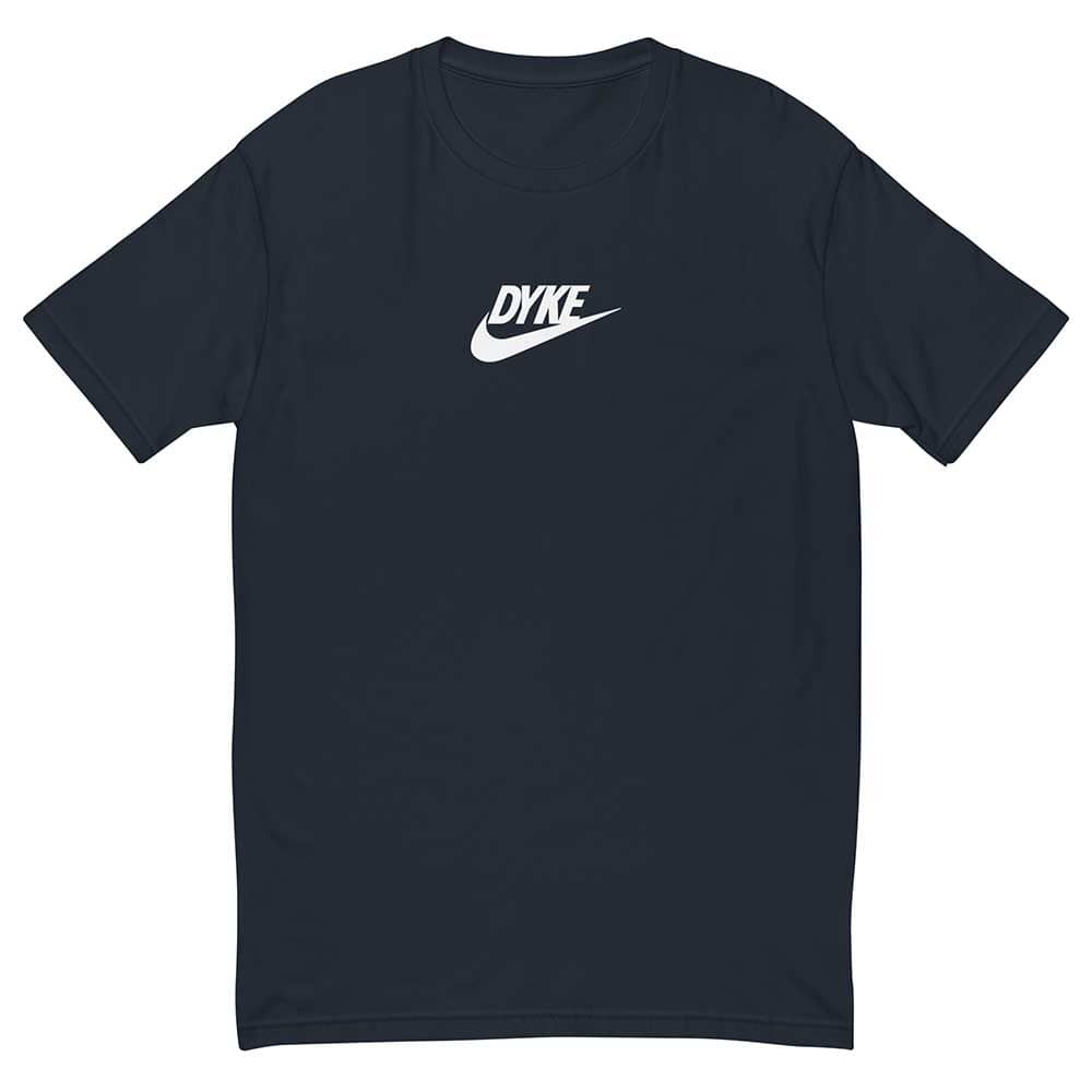 Navy t-shirt with 'DYKE' logo on a white background