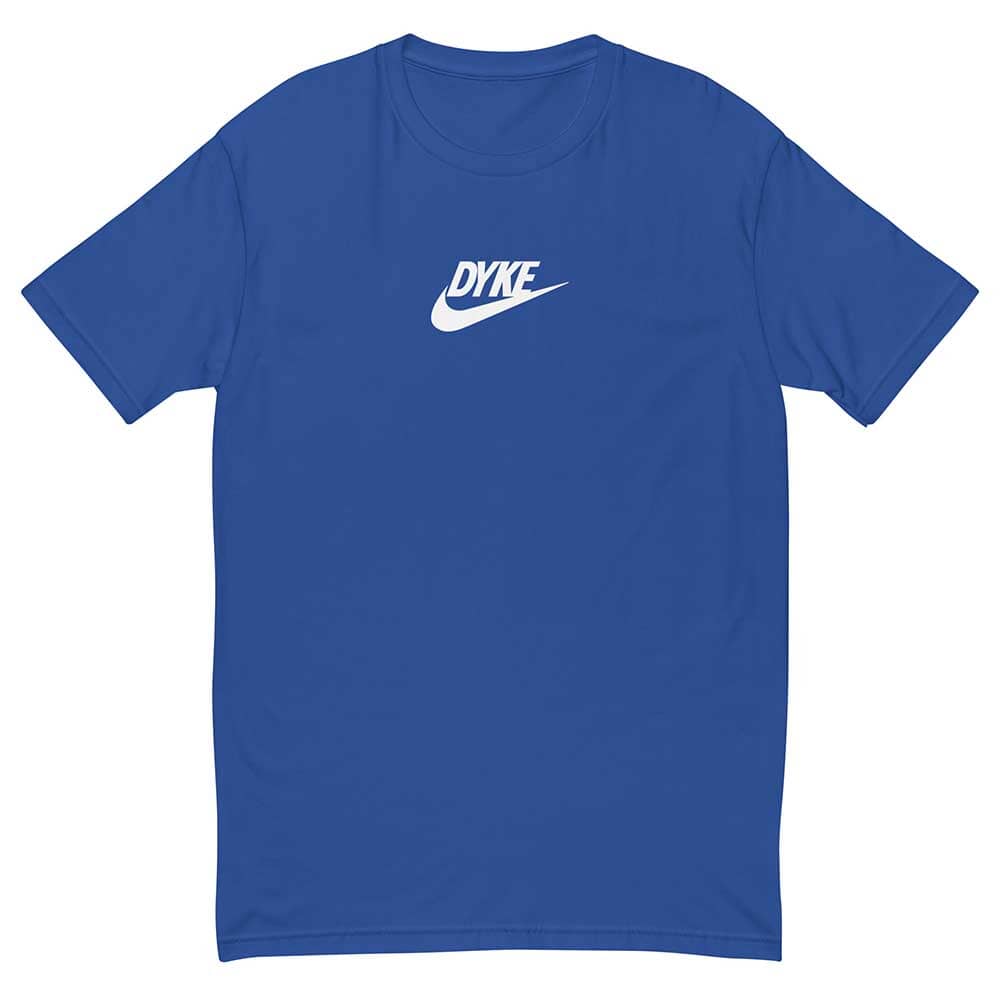Royal Blue t-shirt with 'DYKE' logo on a white background