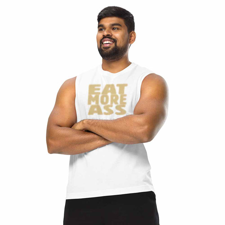 Man wearing a sleeveless shirt with &