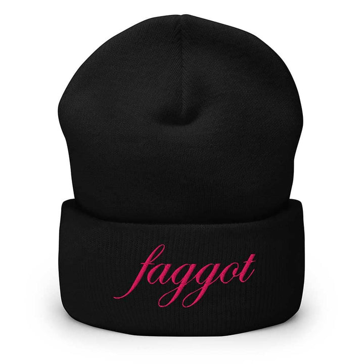 Black beanie with pink faggot on a white background