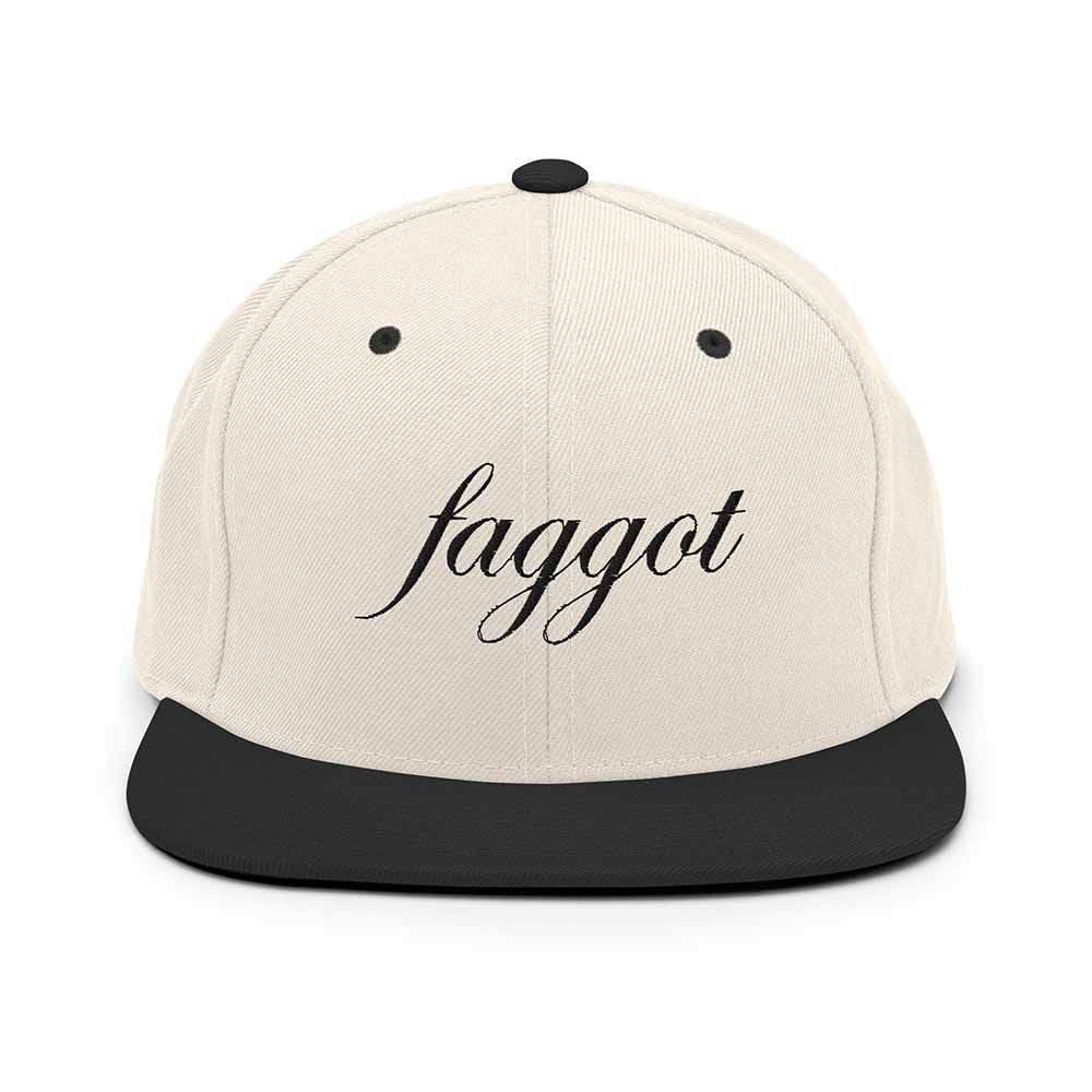 Faggot 6 Panel Flatbill Snapback Hat natural/black