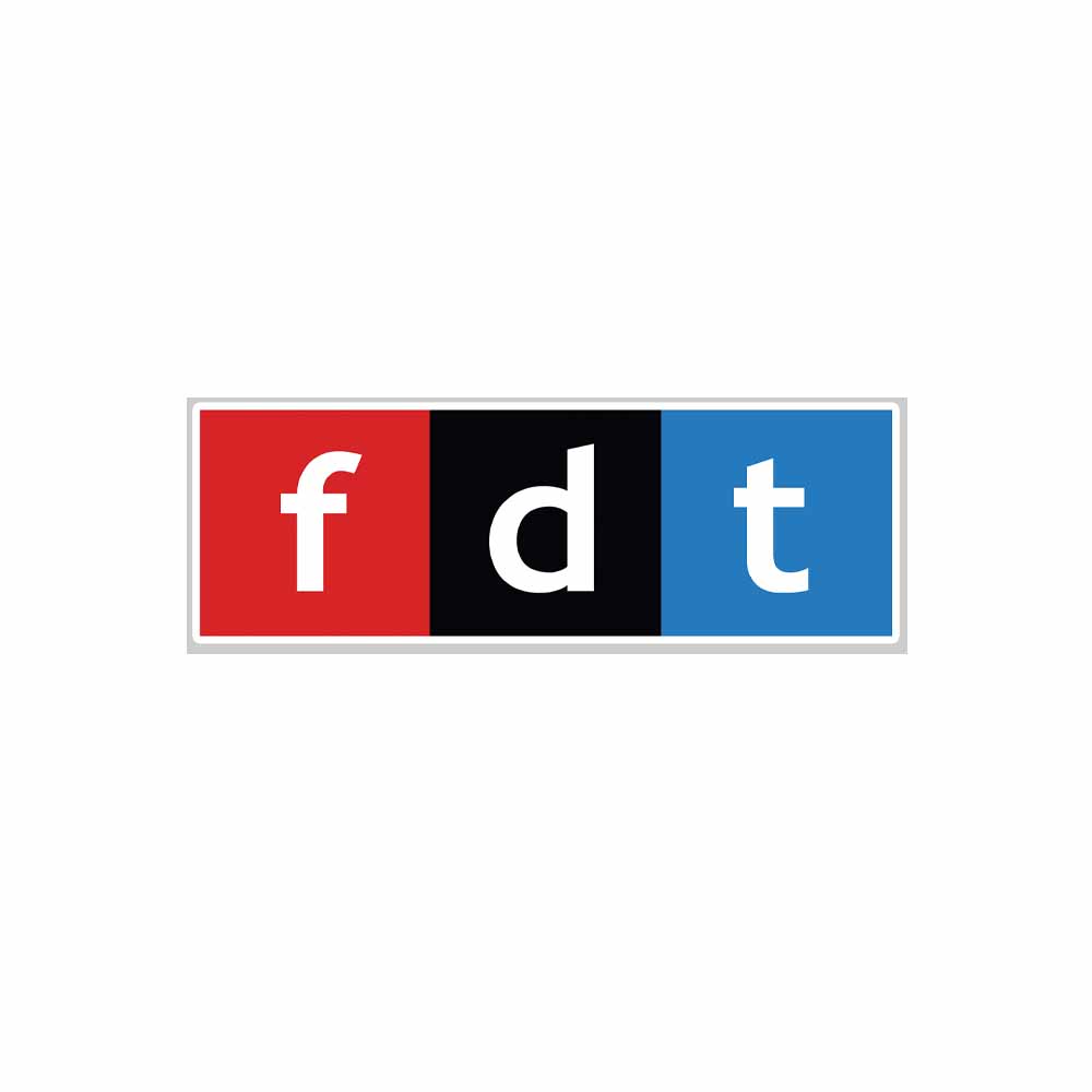 STICKER with 'f d t' letters in red, black, and blue on a white background