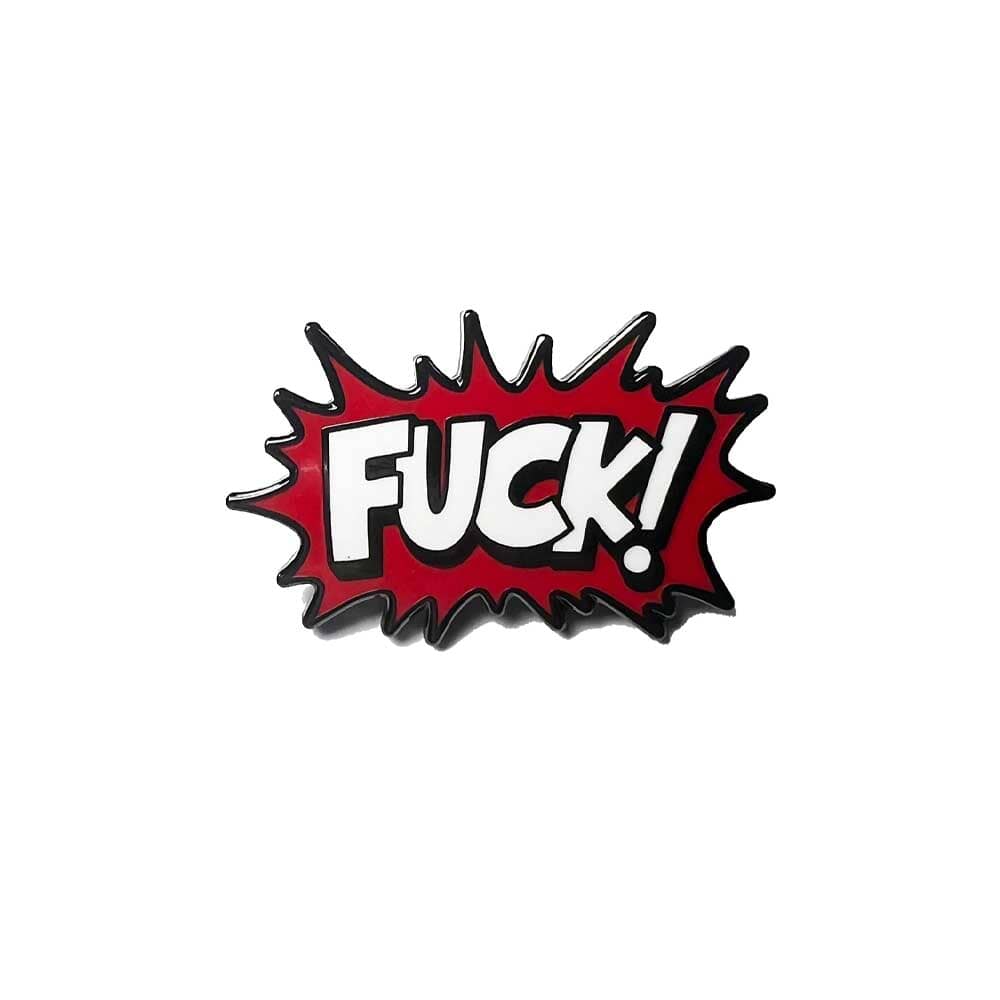 Red and black graphic with the word 'FUCK!' on a white background