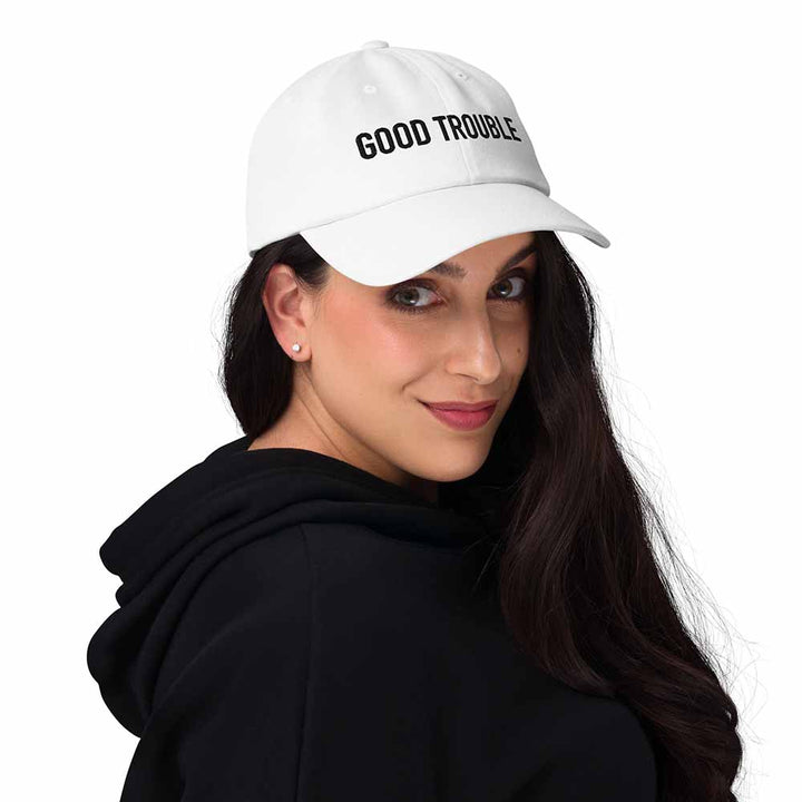 GOOD TROUBLE Trucker Mesh Snapback Hat white on woman
