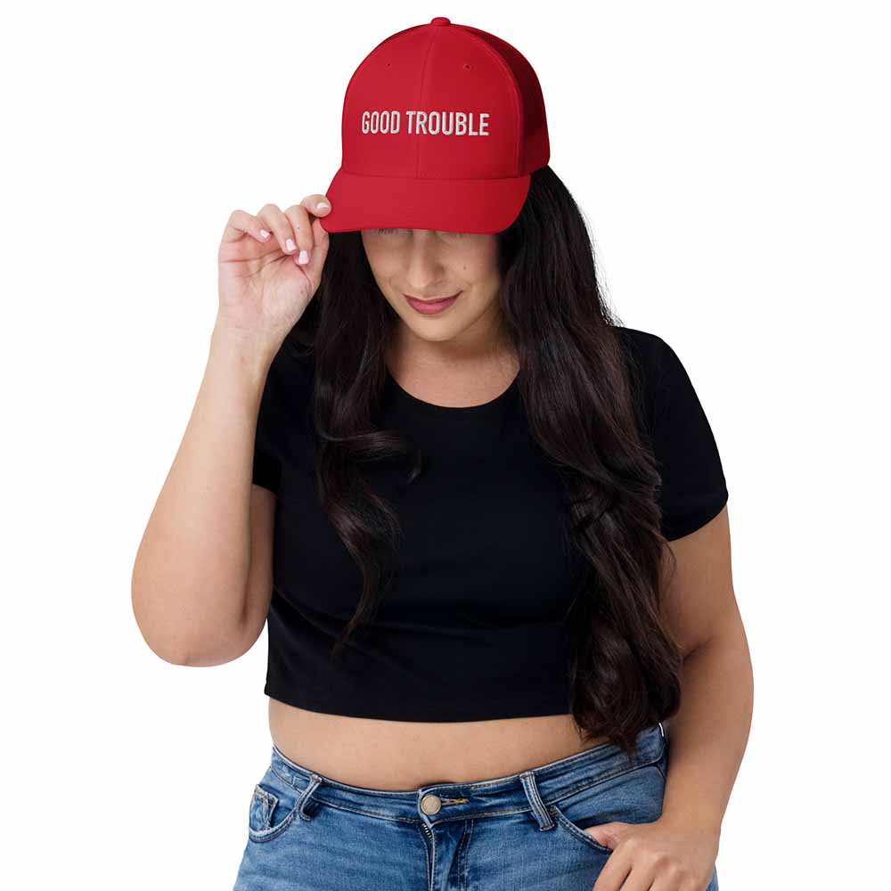 GOOD TROUBLE Trucker Mesh Snapback Hat red on woman