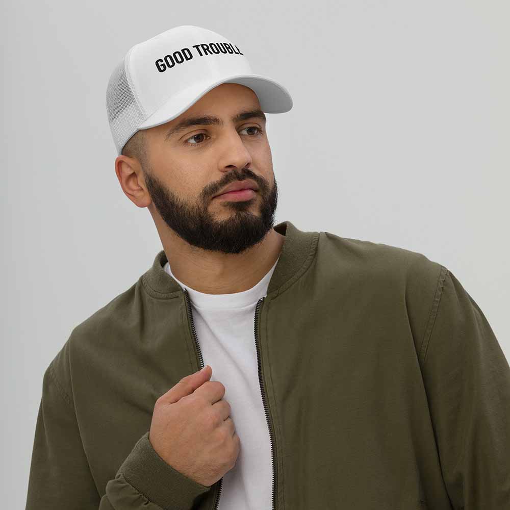GOOD TROUBLE Trucker Mesh Snapback Hat white on man