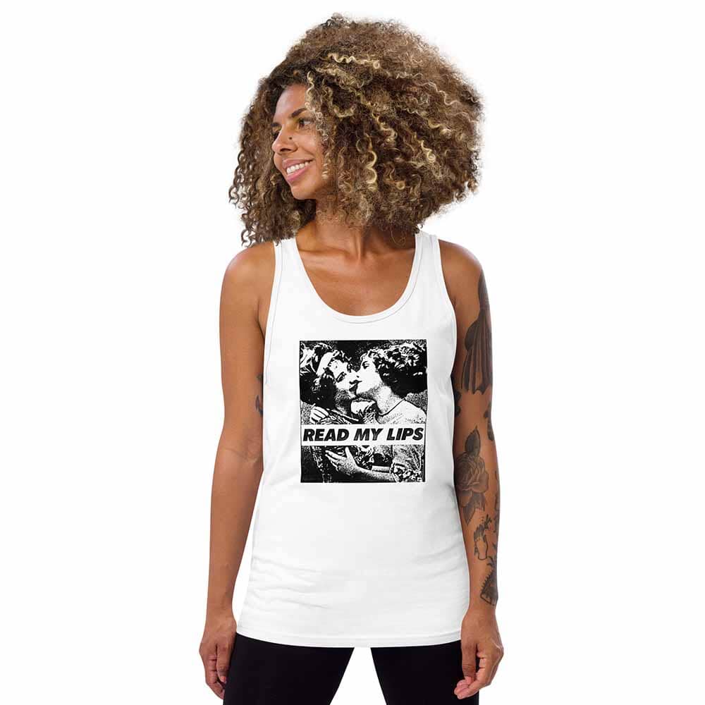 Woman wearing a white tank top with a graphic design and text on a white background
