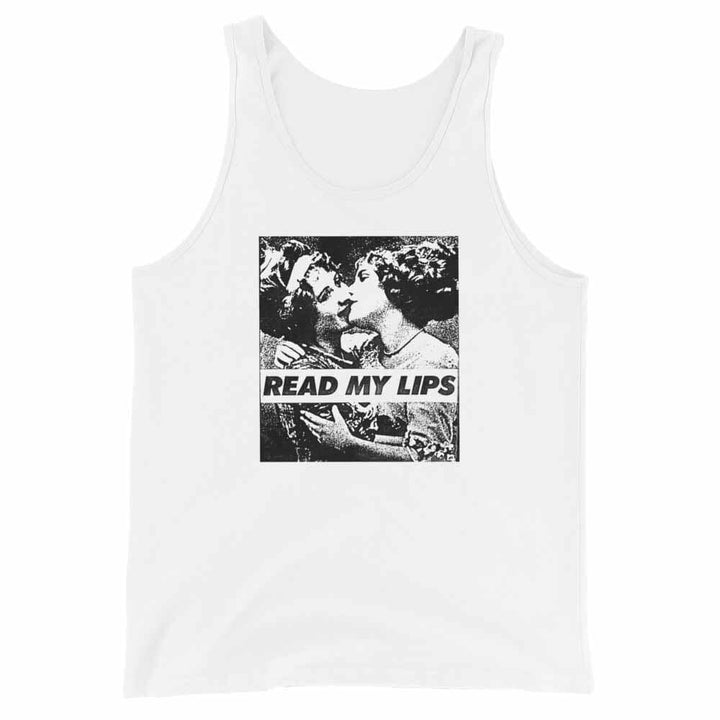 White tank top with graphic design and text &