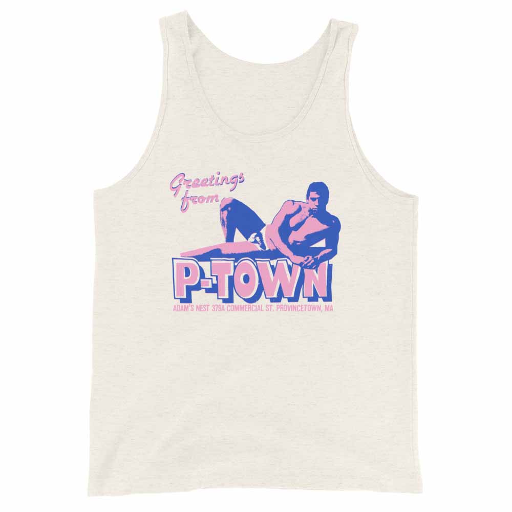 Oatmeal heather tank top with 'Greetings from P-Town' graphic design on a white background