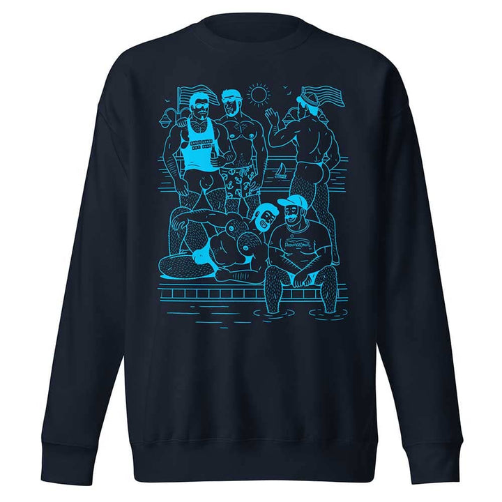 Ptown Boatslip Tea Crew Sweatshirt Light Aqua Print navy