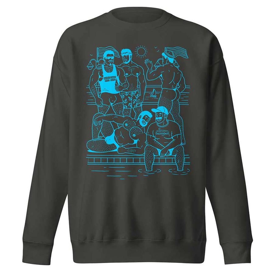 Ptown Boatslip Tea Crew Sweatshirt Light Aqua Print by Hey Beefcake