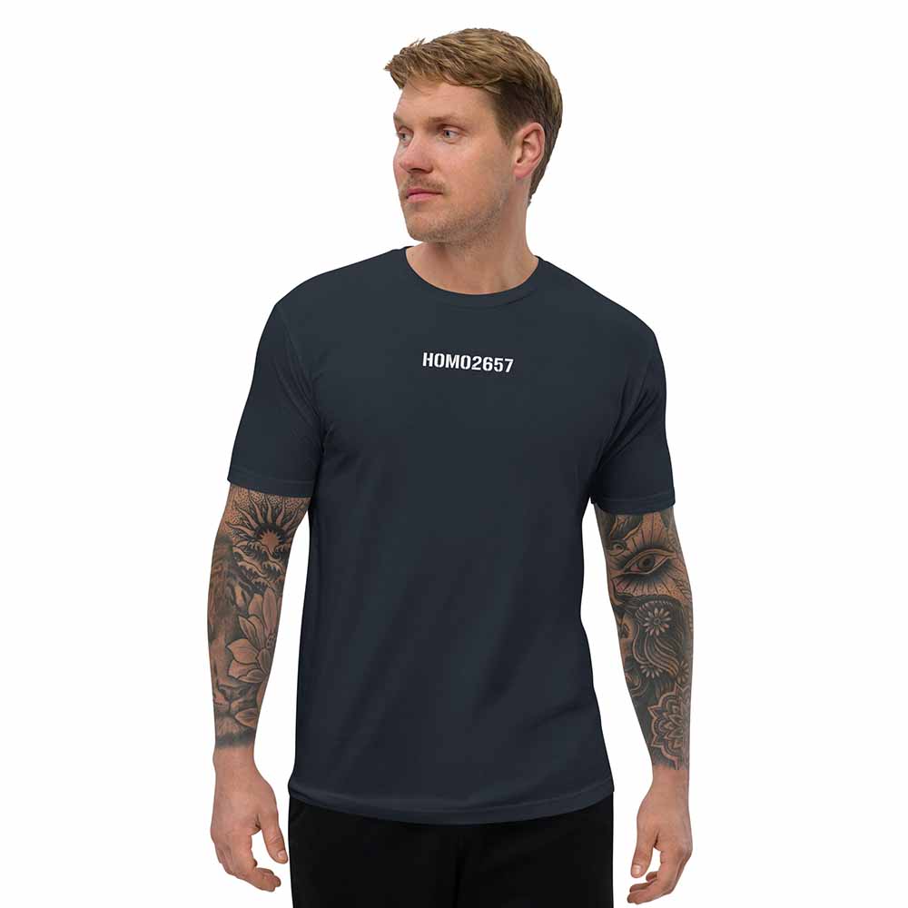 Man wearing a navy t-shirt with &