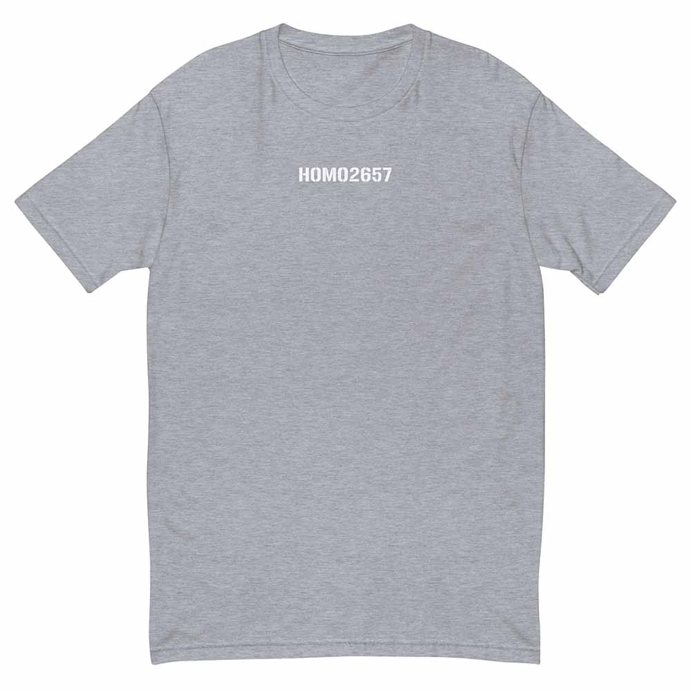 Gray t-shirt with 'HOMO2657' text on a white background