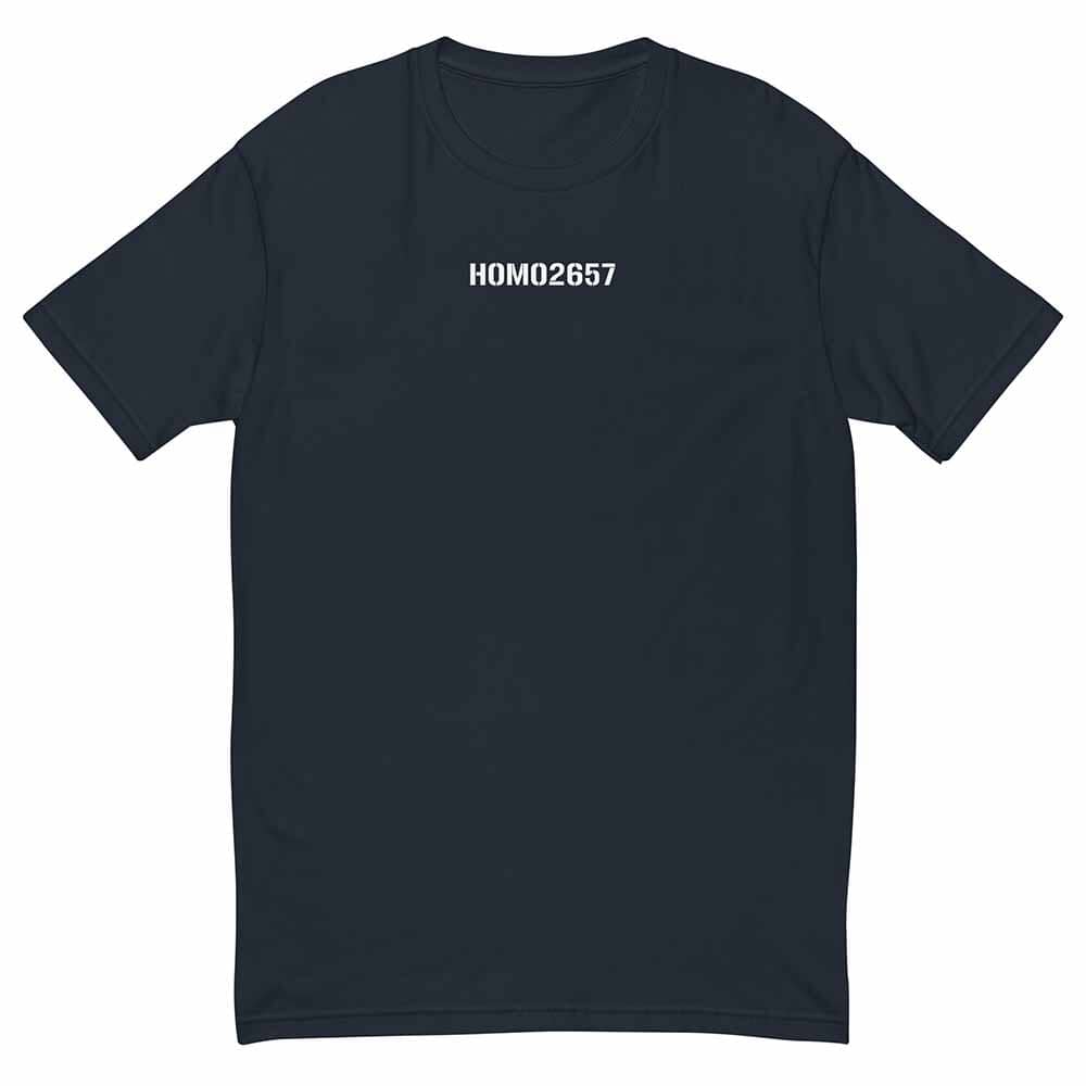 Navy t-shirt with 'HOMO2657' text on a white background