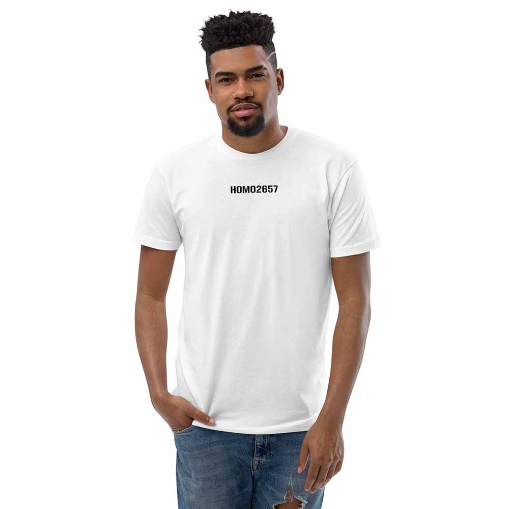 Man wearing a white t-shirt with 'HOMO2657' text on a white background