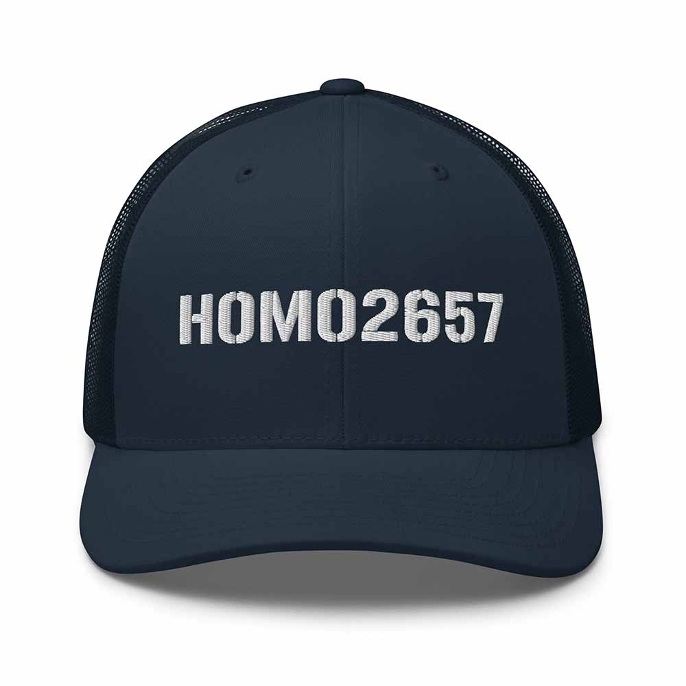 Navy snapback trucker cap with 'HOMO2657' text on a white 