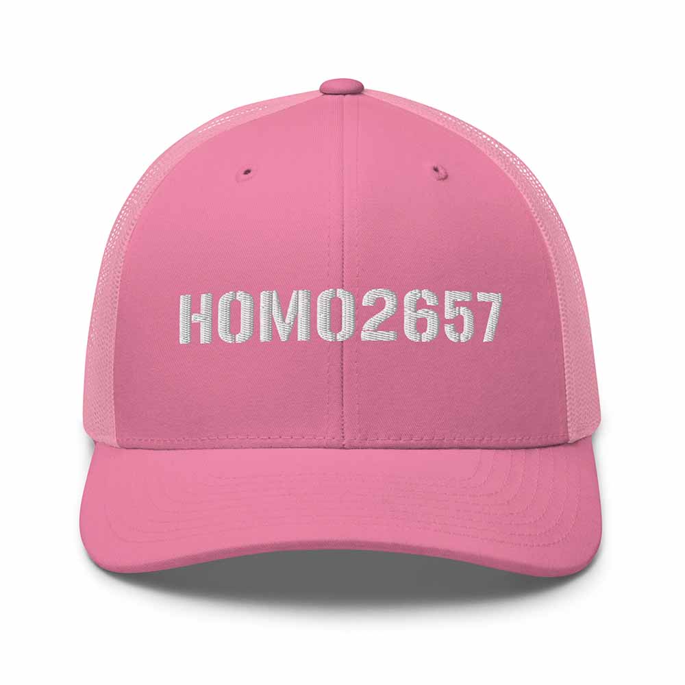 pink snapback trucker cap with 'HOMO2657' text on a white 