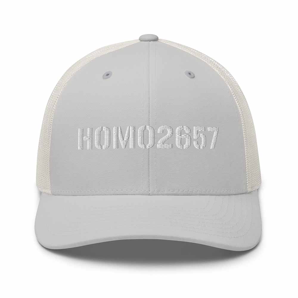 silver and white snapback trucker cap with 'HOMO2657' text on a white 