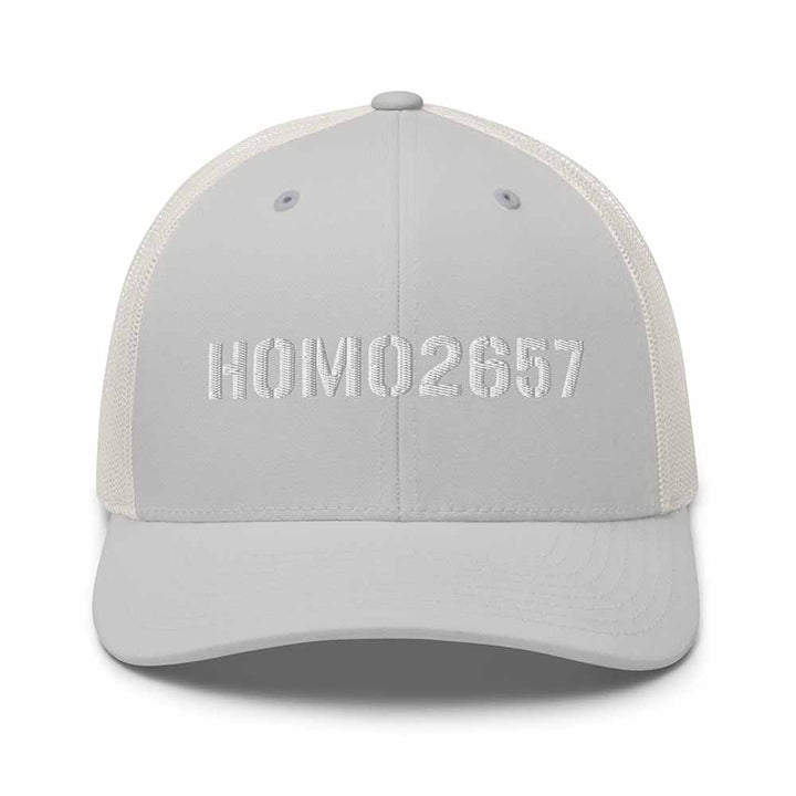 silver and white snapback trucker cap with &