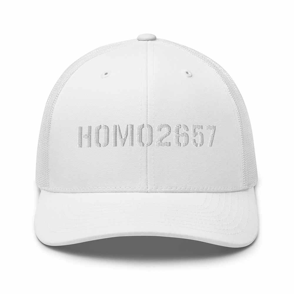 White cap with 'HOMO2657' text on a white background