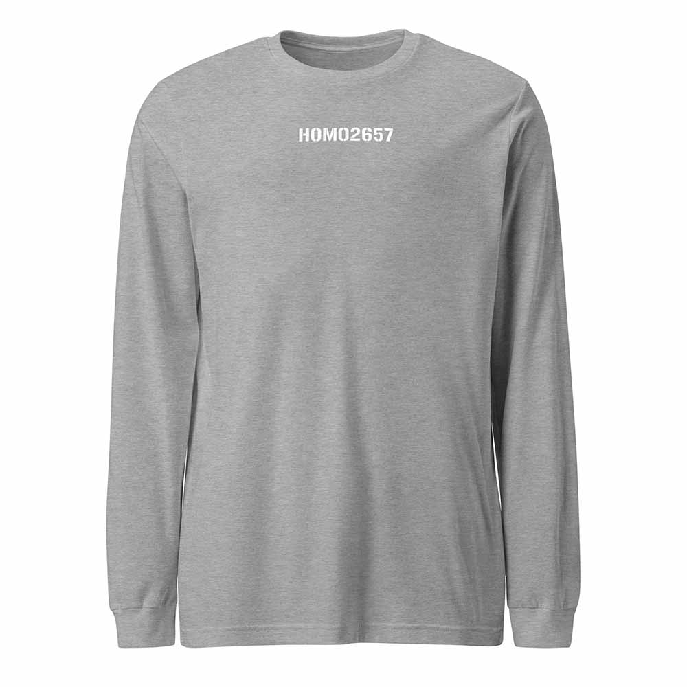 Gray long-sleeve shirt with 'HOM02657' text on a white background