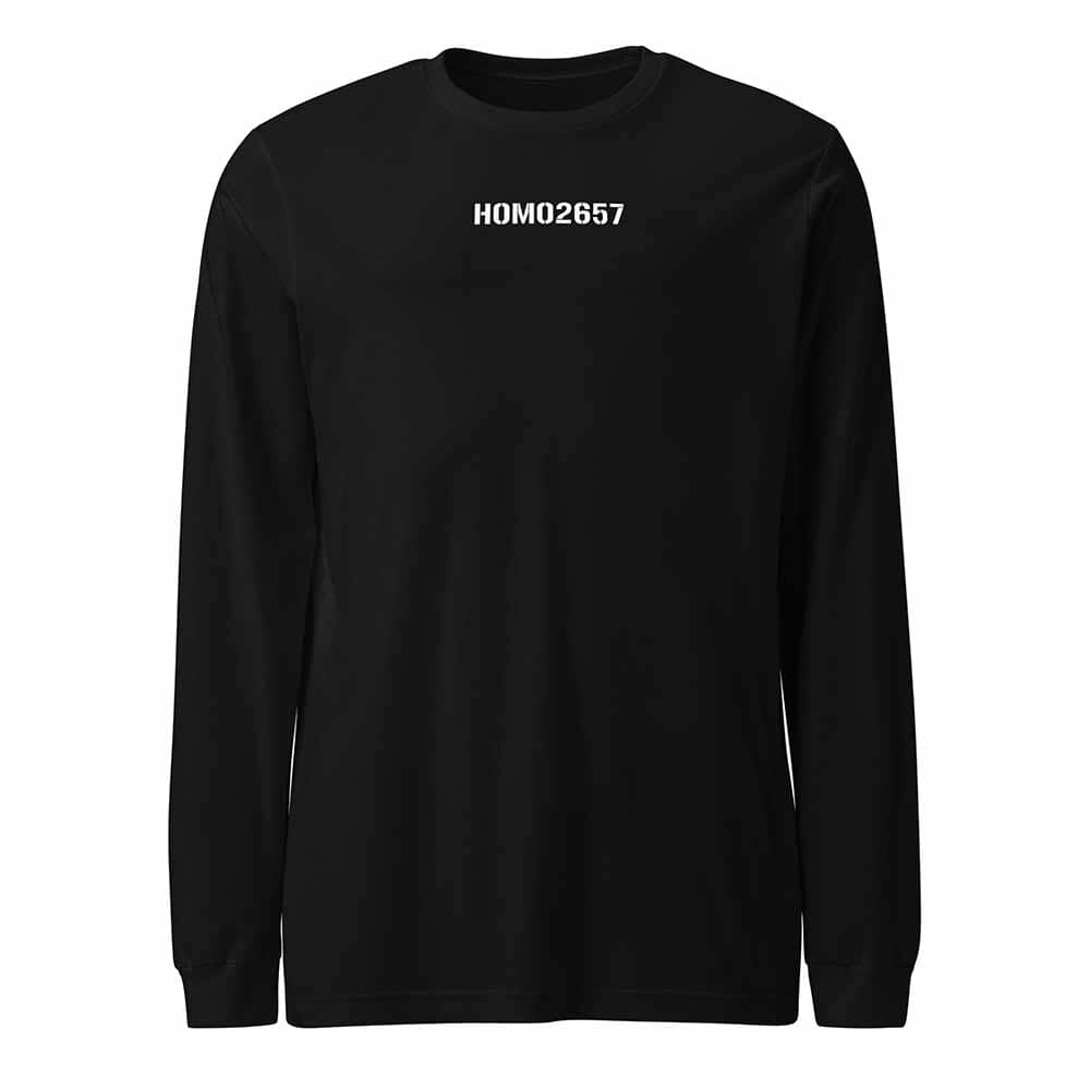 Black long-sleeve shirt with 'HOMO2657' text on a white background