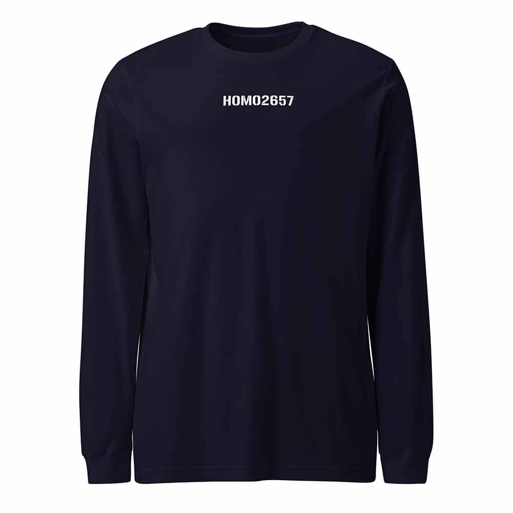 Navy blue long-sleeve shirt with 'HOMO2657' text on a white background