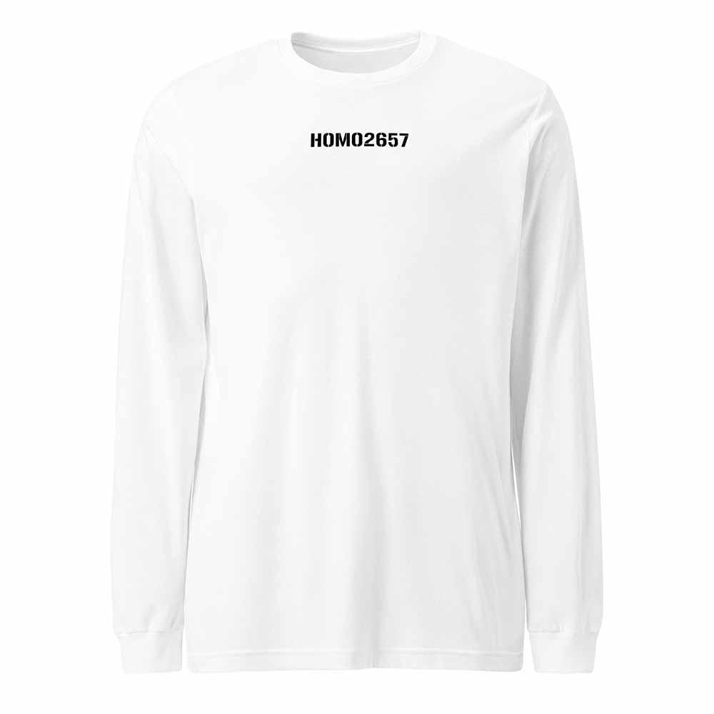 White long-sleeve shirt with 'HOM02657' text on a white background