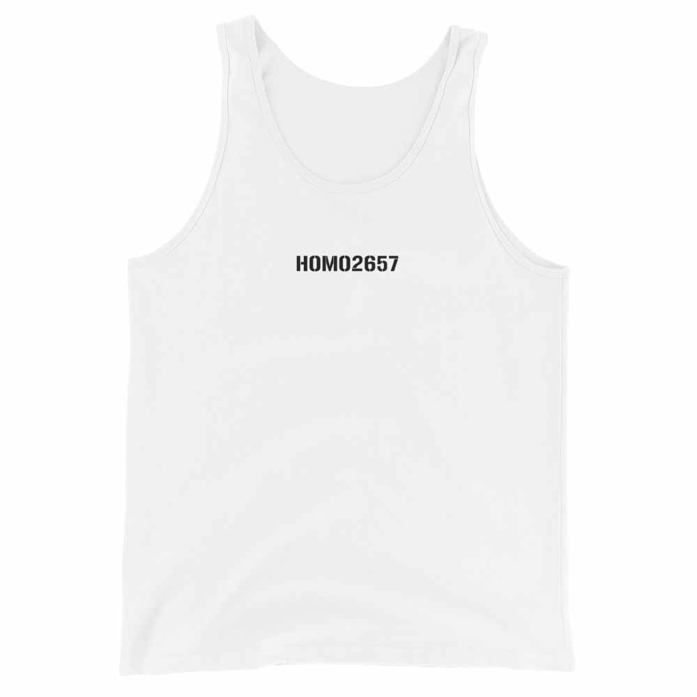 White tank top with black text 'HOMO2657' on a white background