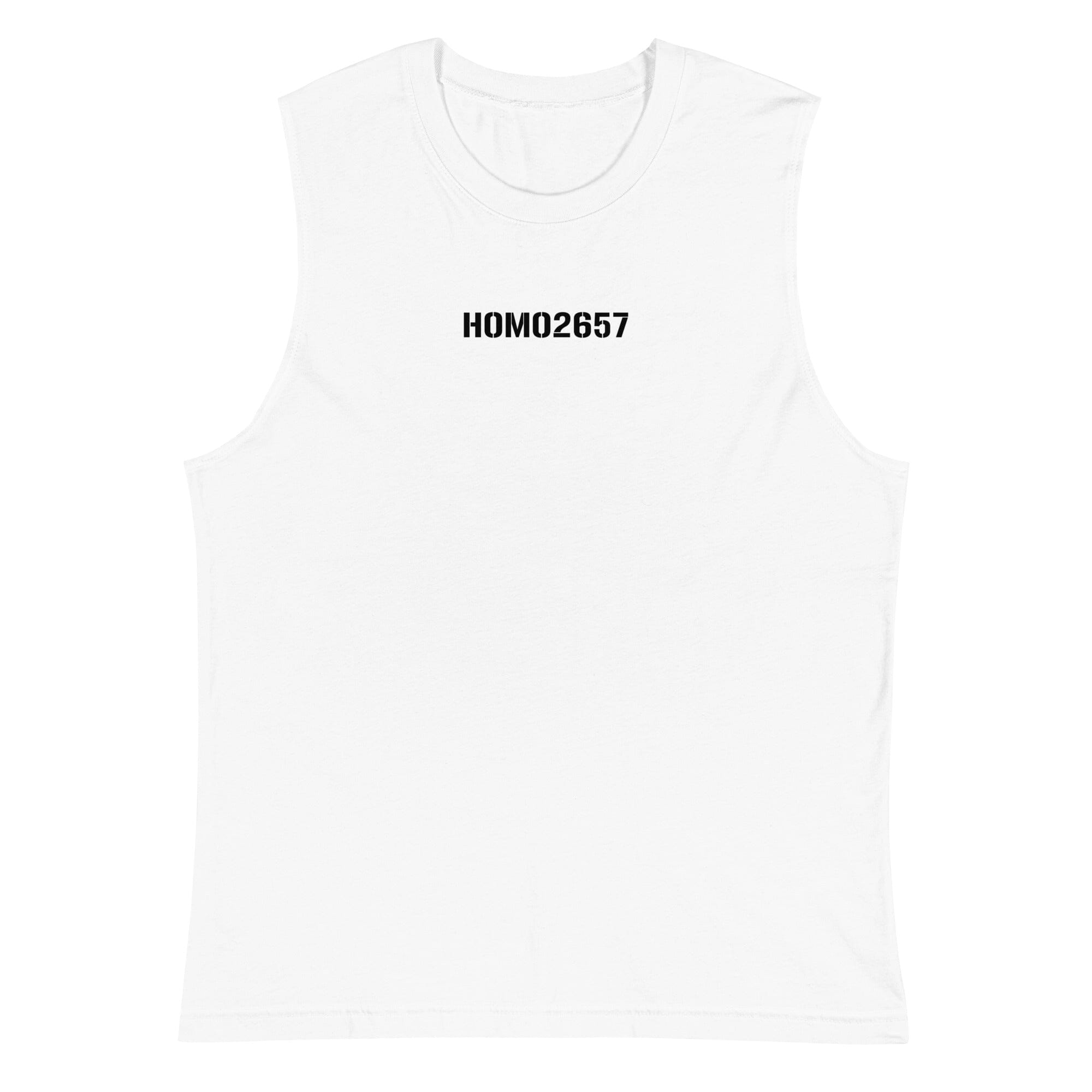 White sleeveless shirt with 'HOMO2657' text on a white background
