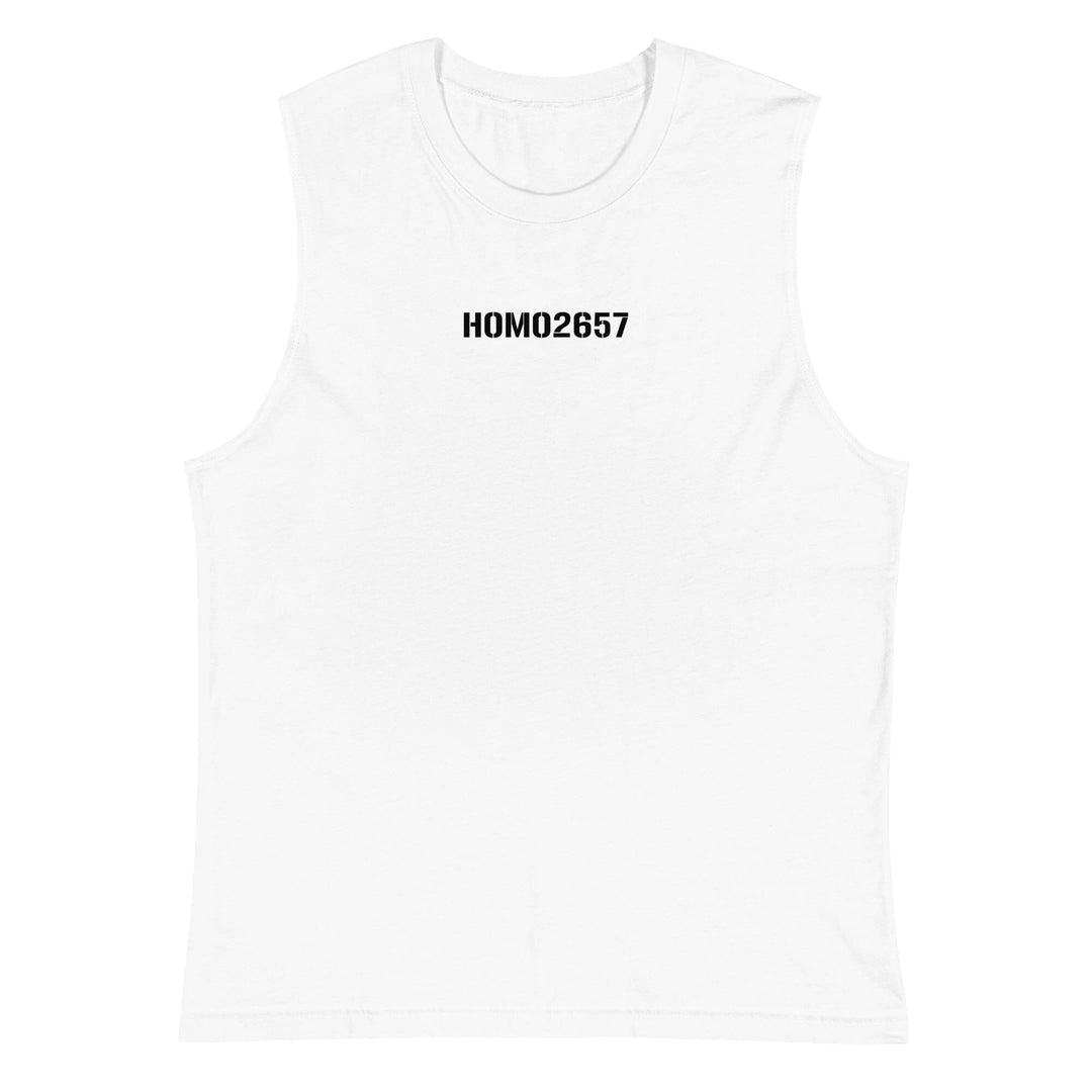 White sleeveless shirt with 'HOMO2657' text on a white background