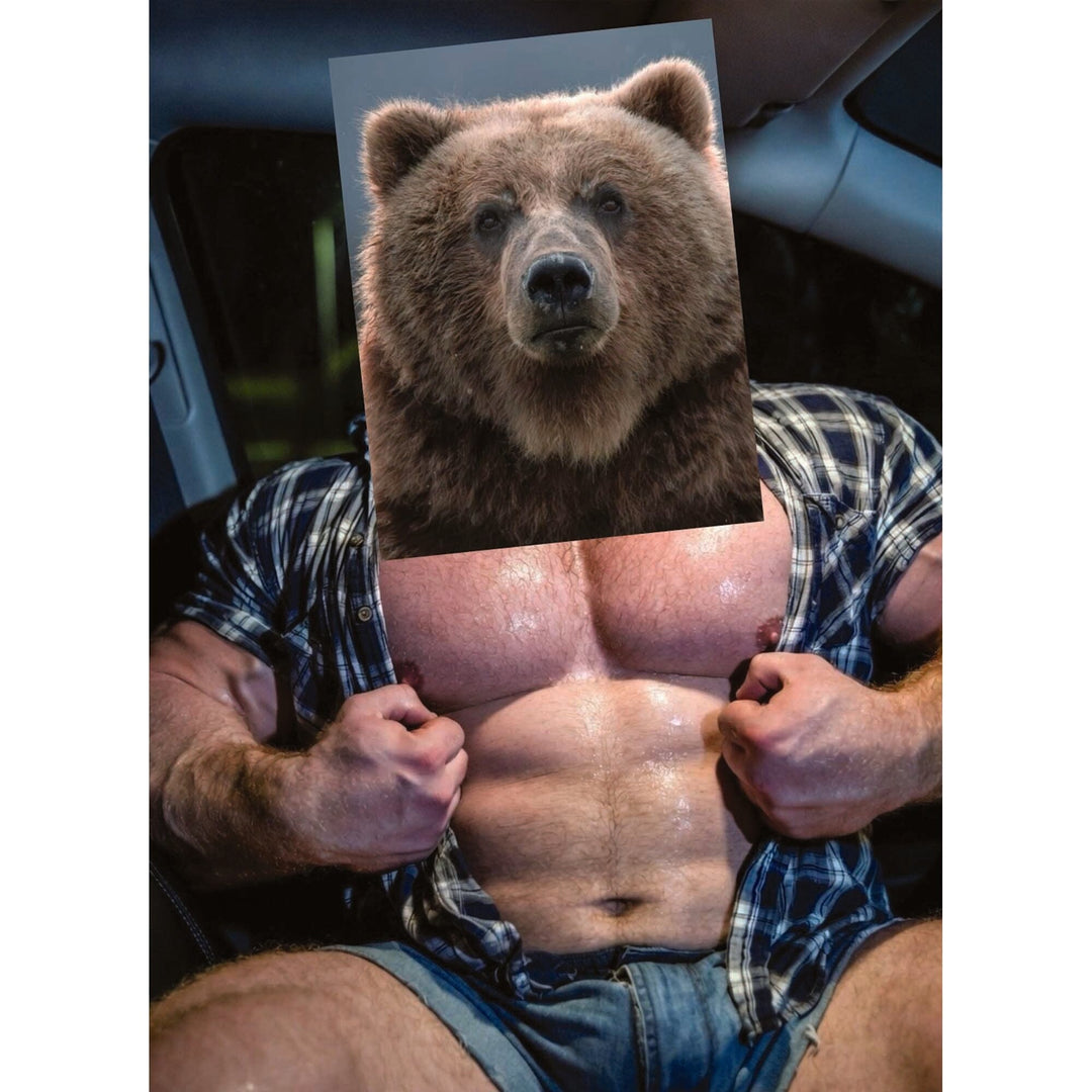 Queer art collage postcard by Naro Pinosa featuring a grizzly bear&